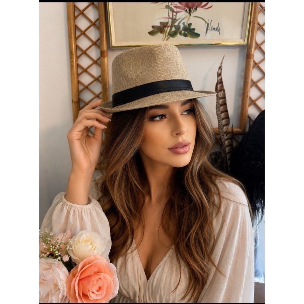 Retro Vintage Style Size 8 Tan and Black Ribbon Fedora Hat Cosplay Costume NWOT